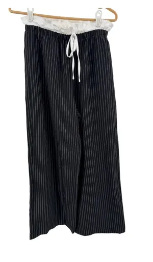 JODIFL Black Pinstripe Elastic-Waist pull on ruffle wide leg Trousers S preppy thumbnail 1