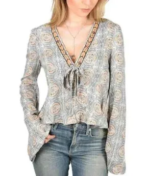 Free People Time of Your Life Blouse Ivory Combo Bell sleeves thumbnail 1