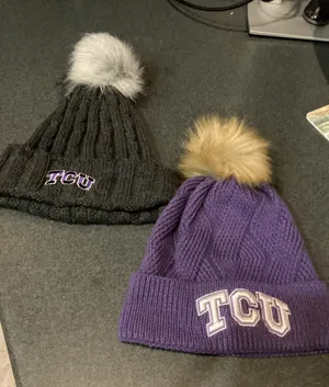 TCU set of 2 Pom Beanie Knit Hat - Purple and Charcoal thumbnail 1