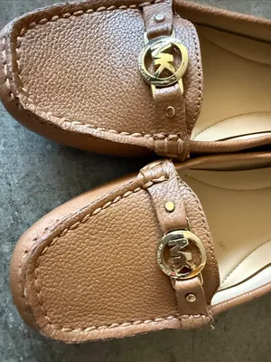 MICHAEL Michael Kors Chestnut Brown Leather Moccasin Flats with Gold MK Hardware thumbnail 2