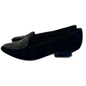 High Lights Black Velvet Beaded Loafers Low Heel Dress Shoes Women's Size 8 thumbnail 3
