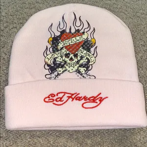 Ed Hardy Beanie embroidered and rhinestones in Blush Pink thumbnail 1