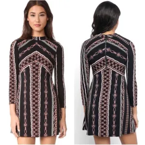 Free People Boho Geometric Print Long Sleeve A-Line Mini Dress Lined sz M thumbnail 2