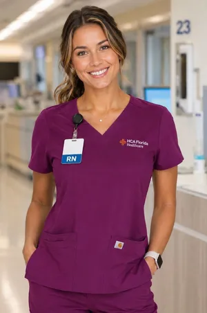 Carhartt Modern Fit Scrub Top Womens Large Purple HCA Florida Healthcare V-Neck thumbnail 1