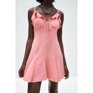 NWT Zara Coral Pink Linen Blend Mini Dress Ruffle Tie Front Size Small thumbnail 2