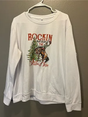Size 2XL White Western Christmas Sweatshirt Rockin Around Tree Cowboy Bronco thumbnail 1