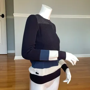 Lacoste Striped Knit Crewneck Pullover Sweater Women’s Size 36 Navy Blue White thumbnail 2