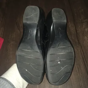 Clarks shiny crocodile pattern heeled black slip on shoes thumbnail 2
