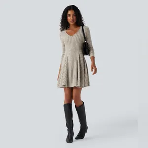 HALARA Ribbed Knit V Neck Long Sleeve Flare Mini Casual Dress NWT Size Small thumbnail 5