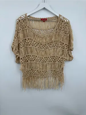 Dislay Paris Tan Open Knit Boho Short Sleeve Blouse Size Small Whimsical Fairy thumbnail 5
