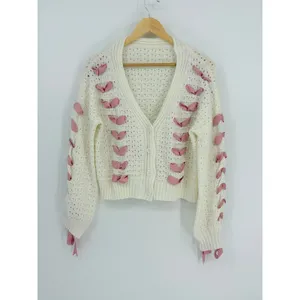 Ribbon Lace Up‎ Cardigan Womens Large Cream Pink Coquette Pointelle Knit Chunky thumbnail 3