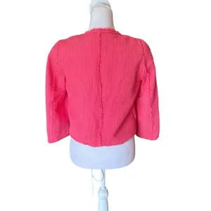 Zara Basic Cotton Tweed Jacket Frayed Fringe Pink Womens Size Medium NEW thumbnail 3