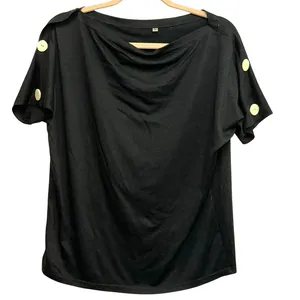 Black Button Shoulder Top Medium Drape Neck Short Sleeve Blouse‎ thumbnail 1