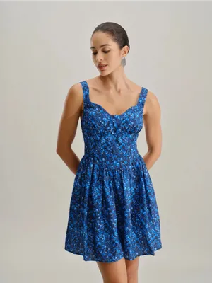 Rihoas Blue Floral U-Neck Shirred Mini Dress thumbnail 2