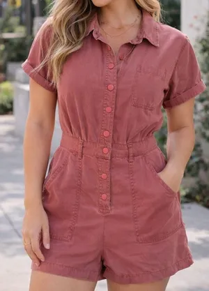 Urban Outfitters Rose Pink Utility‎ Romper Button Front Short Sleeve Snall Safar thumbnail 1