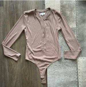 Privacy Please Bodysuit Tan Ribbed Long Sleeve Snap Front Top thumbnail 2
