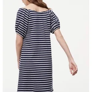 LOFT M Blue Striped Puff Sleeve Shift Knit‎ Dress Mini Nautical Coastal Preppy thumbnail 5