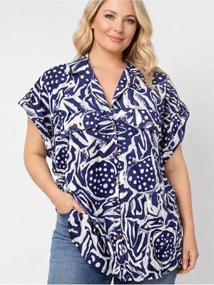 Vintage Abstract Print Button Shirt Blue White Made in USA Artsy Size Large thumbnail 1