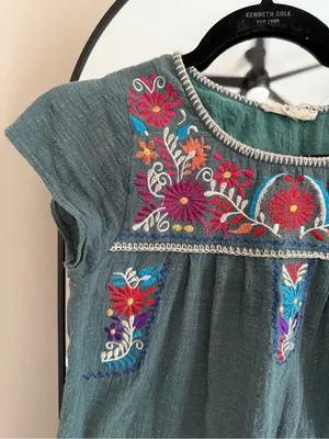 entro Teal Embroidered Mini Dress with Multicolor Floral Accents thumbnail 2