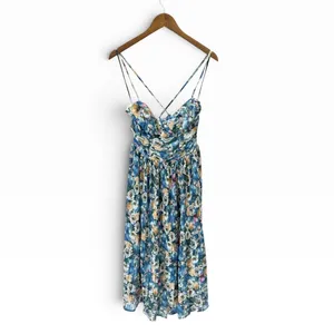 Lulus Aleyna Blue Multi Abstract Pleated Lace-Up Bustier Midi Dress size L NWT thumbnail 4