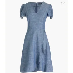 J.Crew‎ Chambray Denim Fit & Flare Dress Size 4 Blue V-Neck Flutter Sleeve thumbnail 2