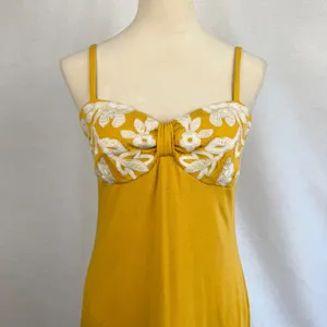 Mustard Yellow Floral Embroidered Sun‎ Dress Medium Bohemian Vacation Resortwear thumbnail 2