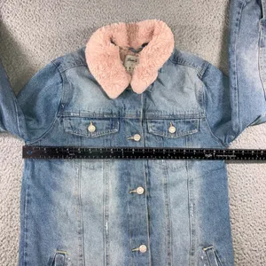 Y2K Longline Denim Jacket Women 4 Pink Faux Fur Collar Fleece Lined Boyfriend thumbnail 12