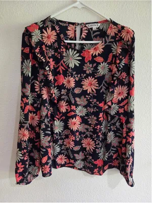 Nanette Lepore Women’s Large Floral Long Sleeve Blouse Navy Coral Rose Green thumbnail 1