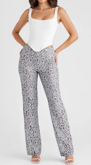 HOUSE OF CB Mara Metallic Floral Lace Pants, Silver, Medium thumbnail 1