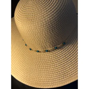 Woven Paper Straw Sun Hat Turquoise Bead Accent Split‎ Back Wide Brim Tan OSFM thumbnail 9