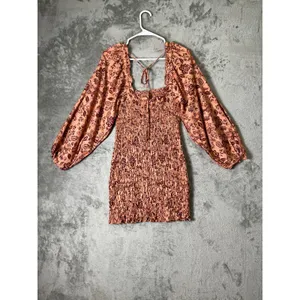 Free People Printed Smocked Mini Dress Puff Sleeve Boho Romantic Cottagecore S thumbnail 3