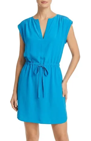 Amanda Uprichard‎ Silk Shift Dress L Blue Split Neck Tie Waist thumbnail 1