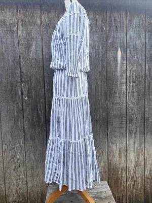 Lauren Ralph Lauren White Maxi Dress Black Stripes Ruffled Tiered Hem Sz 14 thumbnail 4