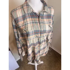 Paige Plaid Flannel Button Down Shirt Large Green Tan Cotton Blend Soft sz L thumbnail 4