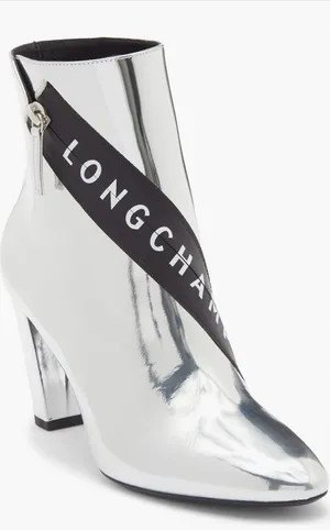 Longchamp Mirror Metallic Silver Logo Heeled Ankle Boot Designer 37 thumbnail 1