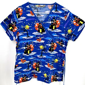 Scrub Top Comfy Cotton Halloween Castle Haunted House Pumpkins Large Med Vet thumbnail 1