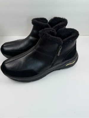 Skechers Arch Fit Women’s 11 Black Leather Faux Fur Ankle Boots Zip Comfort thumbnail 12
