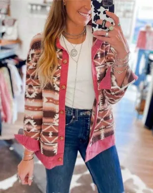 Aztec Patterned boho Pink fuzzy button up shacket Cardigan sweater size medium thumbnail 1