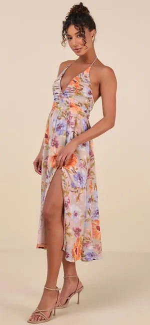 NWT Lulus Danelle Taupe Floral Halter A-Line Midi Dress Wedding Bridesmaid Sz L thumbnail 1