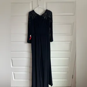 Leena Mac Duggal Long Sleeve Jersey Wrap Gown‎ Dress Embellished V Neck Midnight thumbnail 9