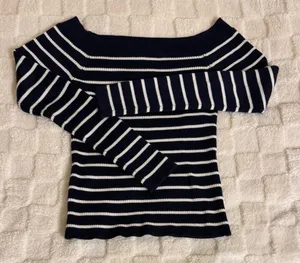 Abercrombie & Fitch Navy and White striped off the shoulder sweater thumbnail 1