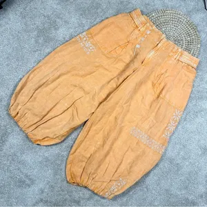 NWT By Anthropologie Embroidered Parachute Pants Linen Blend Boho Mango Mojito L thumbnail 4