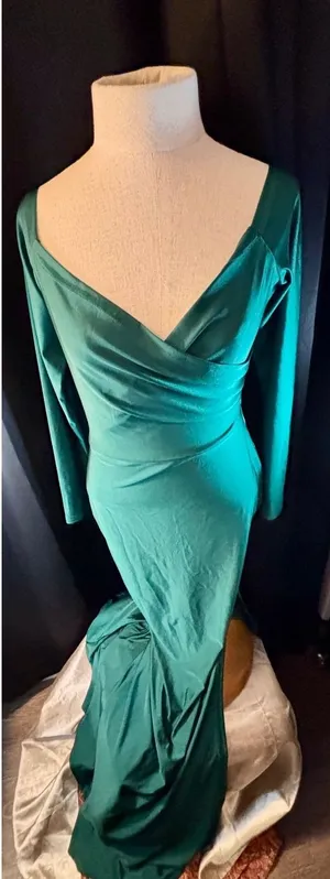 Emerald Green Long Sleeve V-Neck Wrap Maxi Dress Mermaid Formal Gown S thumbnail 1