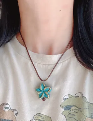 Handmade chunky big ceramic flower boho fairy cottage necklace🩵 thumbnail 6