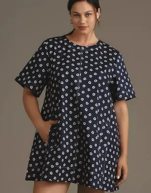 Anthropologie Maeve Emmy Short Sleeve Swing Dress Navy Shibori Print Cotton L thumbnail 1