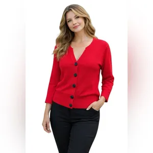 Nue Options Red Knit Cardigan Black Rose Buttons Size L thumbnail 3