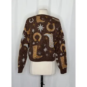 ZARA Western Cosmic Cowboy Boots Stars Jacquard Sweater Metallic Crewneck Small‎ thumbnail 10