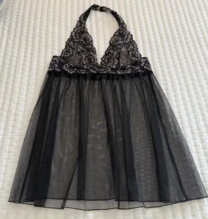 Victoria’s Secret Black Halter Top M Medium Sheer Mesh Lace Slip Dress Lingerie thumbnail 1