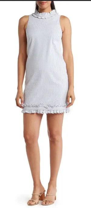 Eliza J. Sleeveless Blue Stripe Seersucker Ruffle Nautical Mini Dress 4 Sheath thumbnail 1