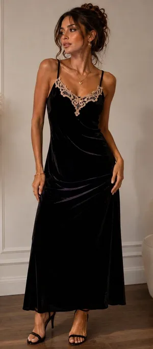 Vintage Delicates Black Velvet Maxi Nightgown Lace Neckline Side Slit Small thumbnail 1